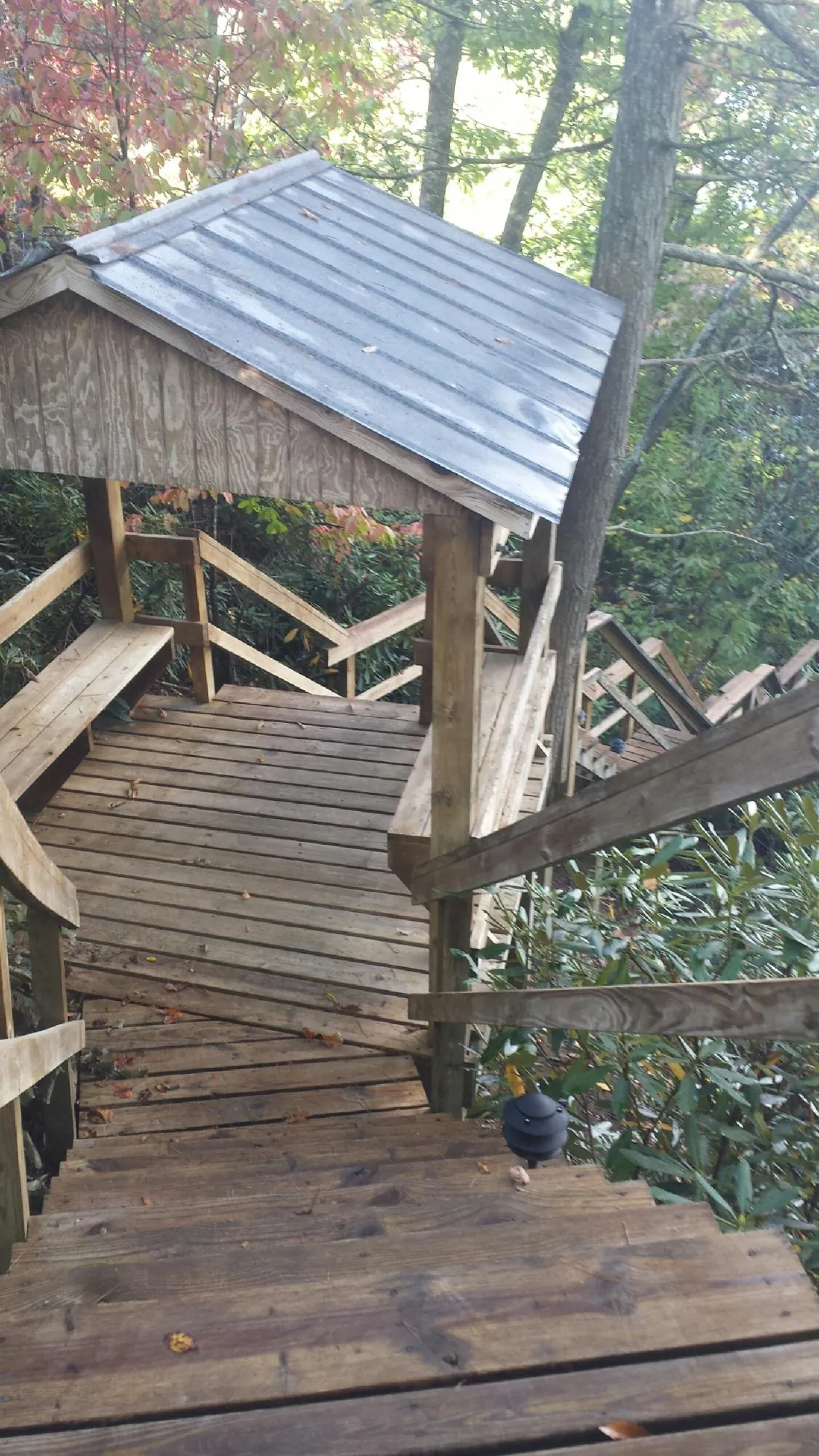 Metal roofed shelter over wooden steps on a wooded walkway — Skylight Repair & Installation work by our crew in East Bend